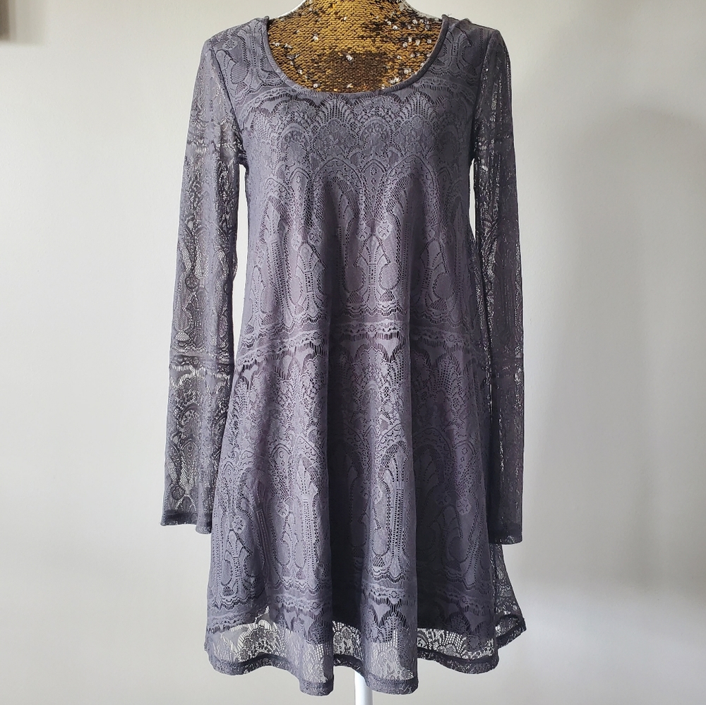 Altar'd State Slate Grey Lace Bell Sleeve Dress